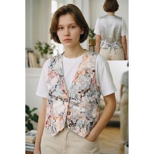 Katie Vintage Floral Tapestry Vest Button Front Adjustable Back Peach Sage XL 14